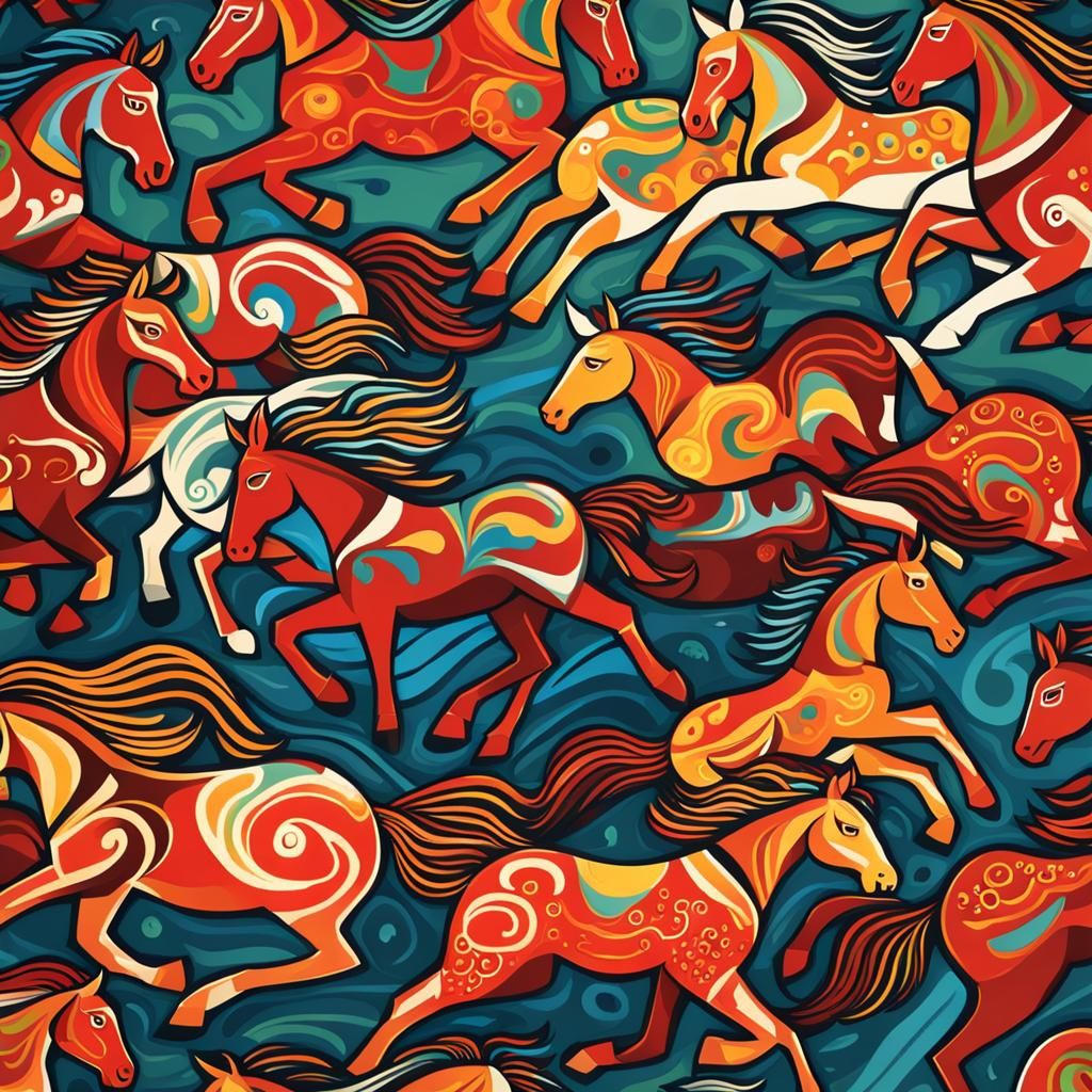 Wild Horses in Russian Decorative Art Style