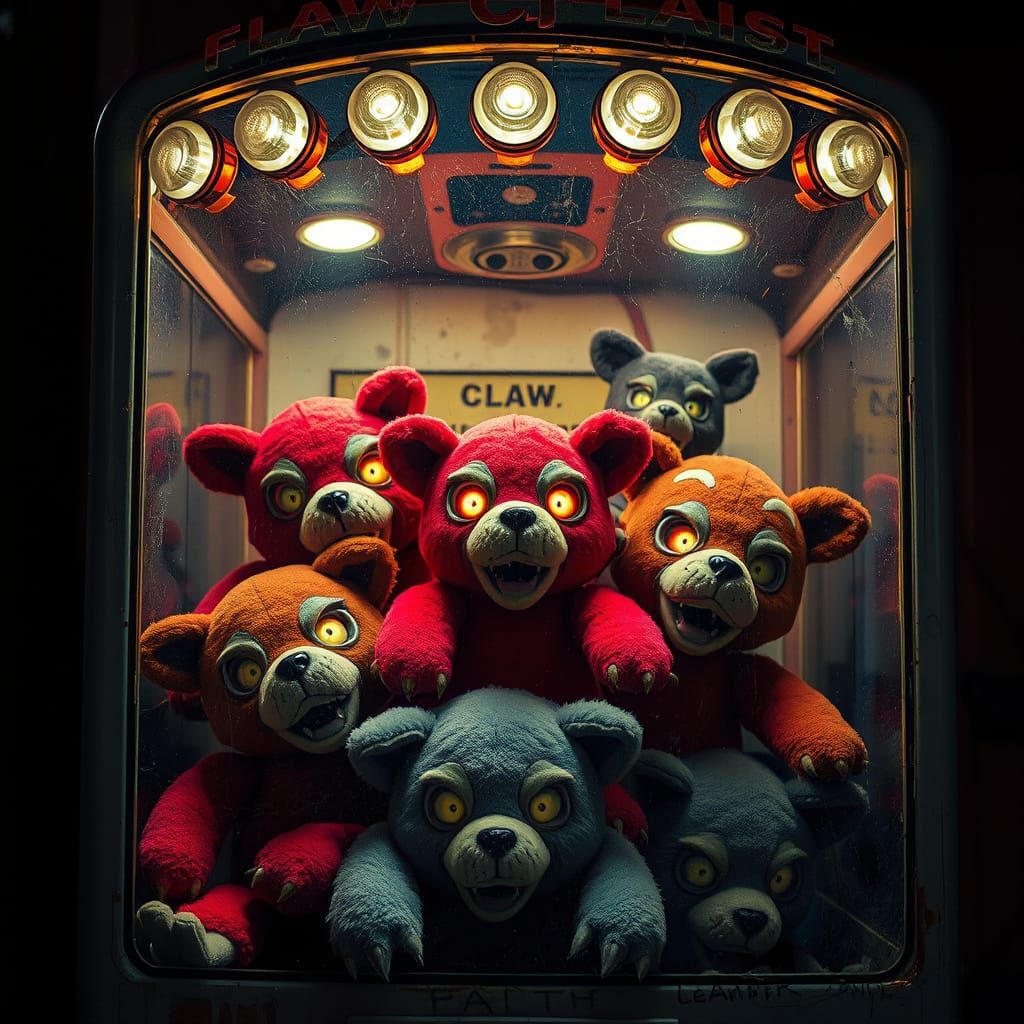 Sinister Stuffed Animals in Vintage Claw Machine