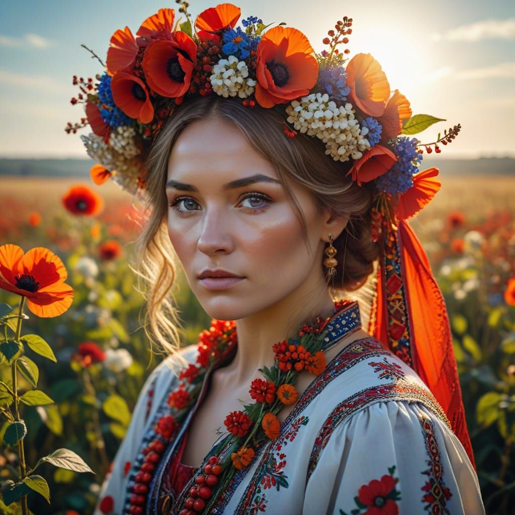 Ukrainian Woman in Wreath of Flowers, Cinematic Portrait