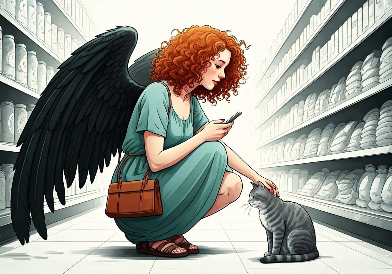 Surreal Angel Petting Cat in Supermarket Neo Noir Style