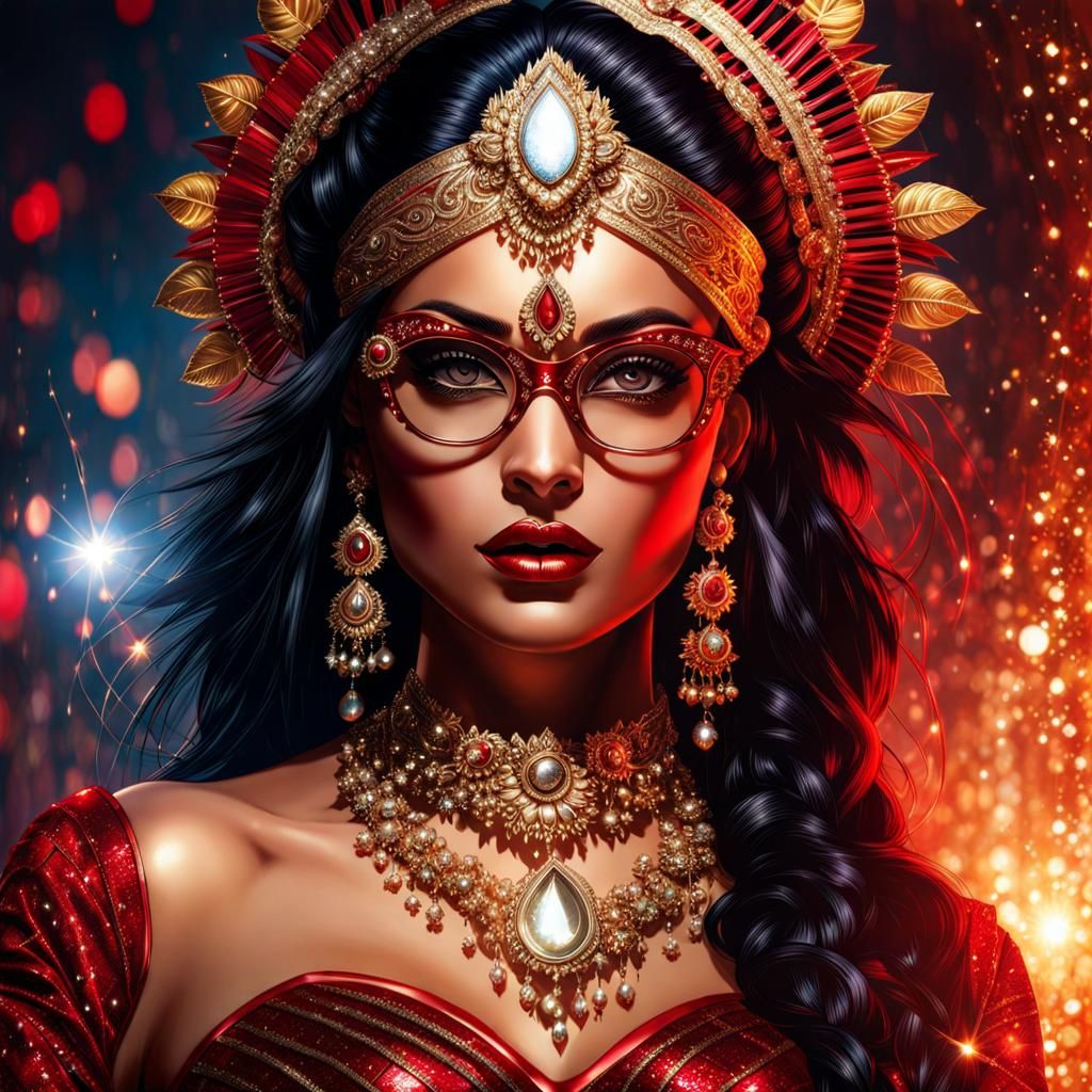 Gothic Indian Woman in Latex Costume, Digital Art