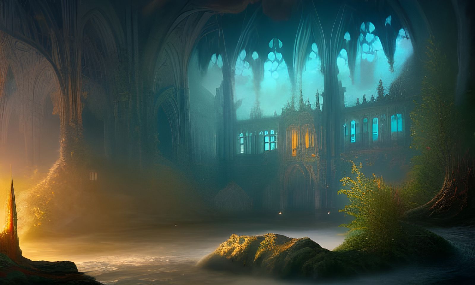 Underwater Dystopian Cathedral Ruins with Luminescent Plants