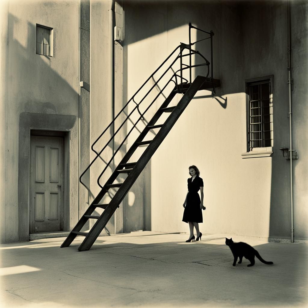 Film Noir: Woman, Cat, and Ladder