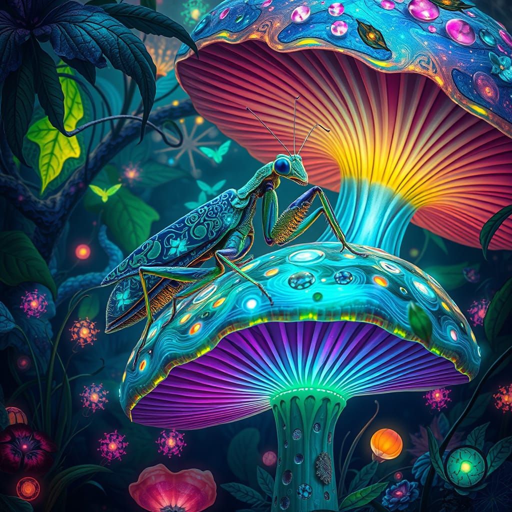 Bioluminescent Praying Mantis in Alien Rainforest