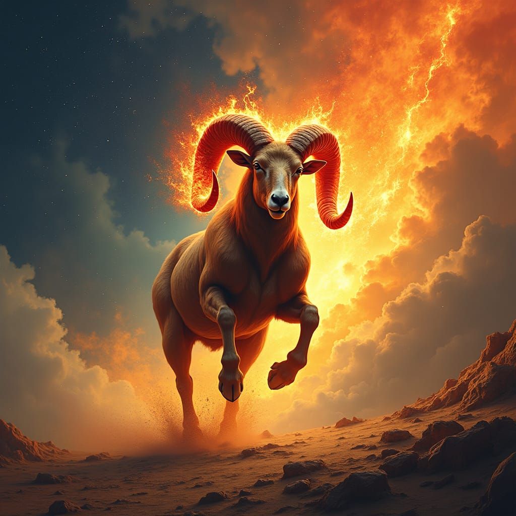 Fiery Ram Charges Under Blazing Starry Sky