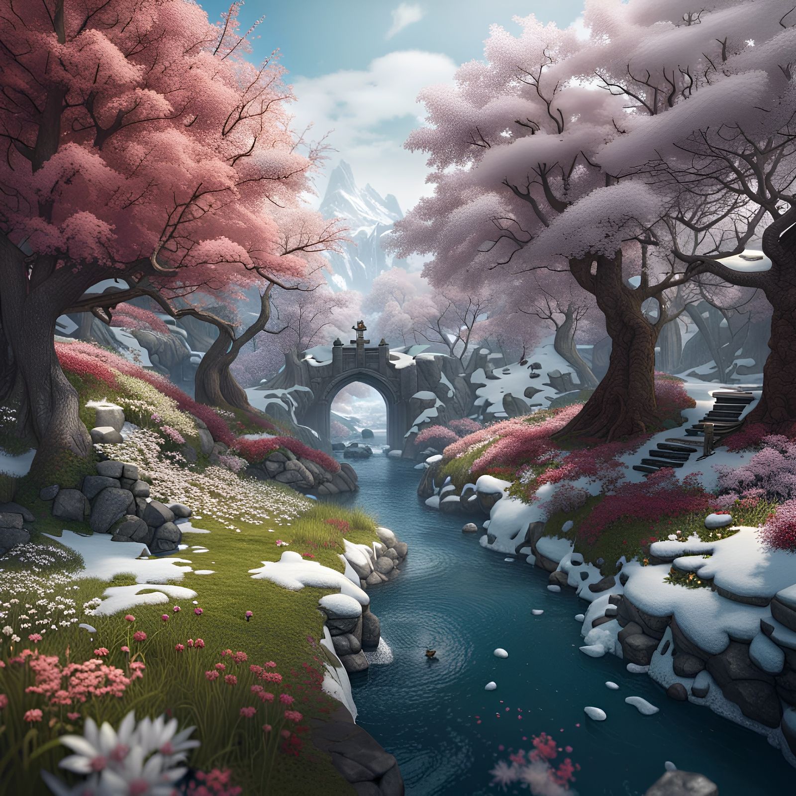 Spring and Winter Together in Detailed Matte Painting