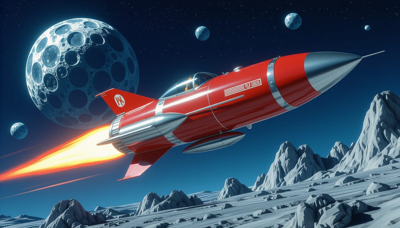 Retro Rocket Ship Soaring Past Moon in Space