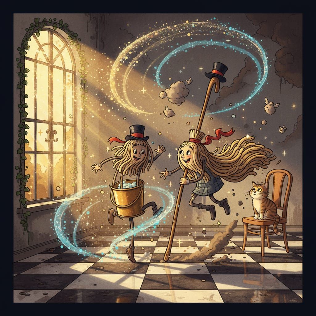 Magical Mop and Broom Dance in Whimsical Kitchen