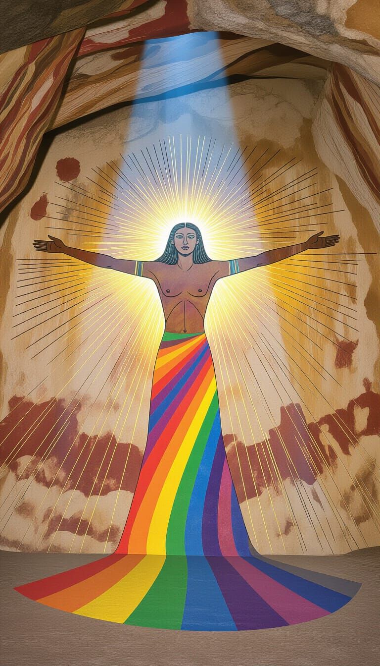 Ancient Cave Painting of Radiant Figure with Blue Light