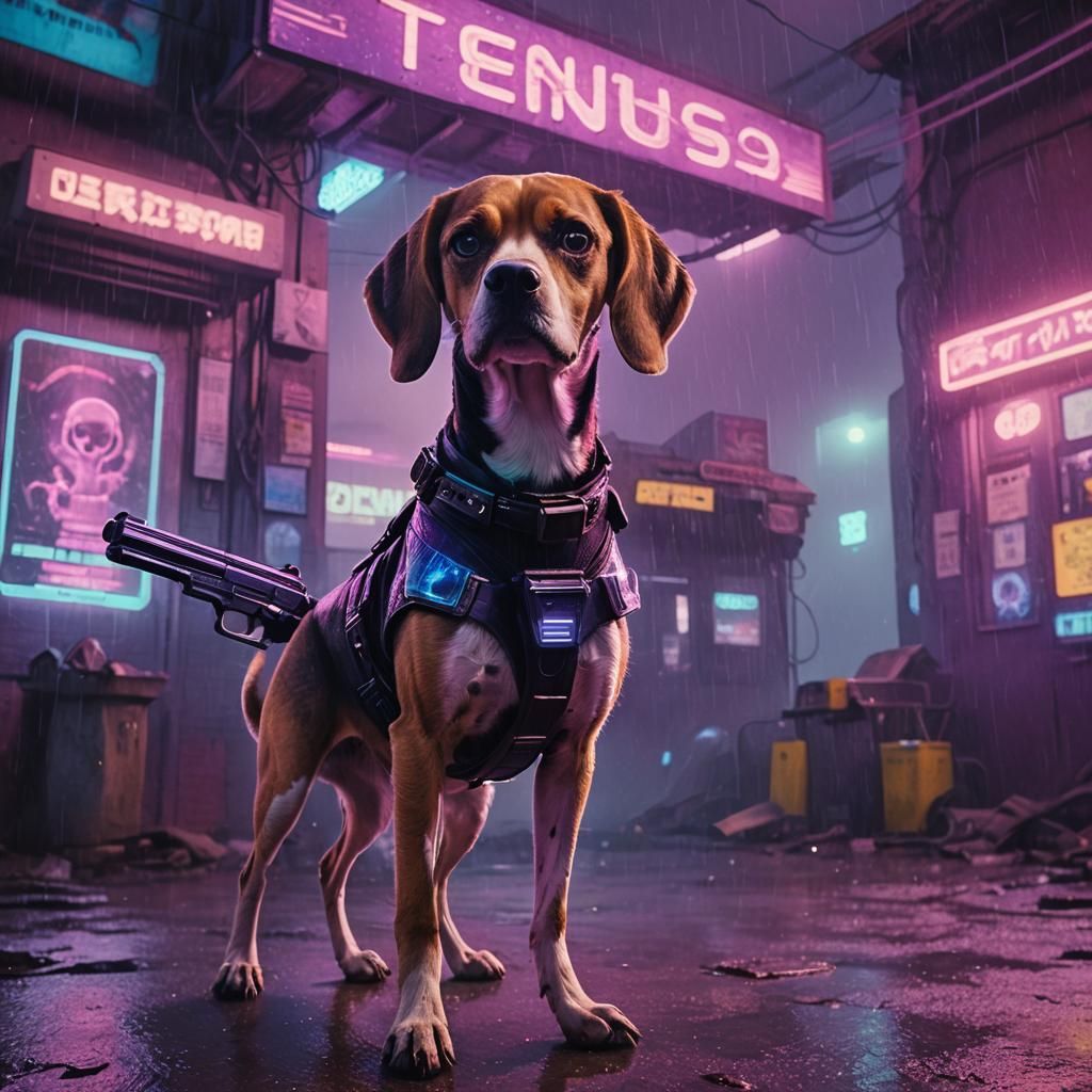 Alien Beagle Gunslinger in Cyberpunk Neon Noir