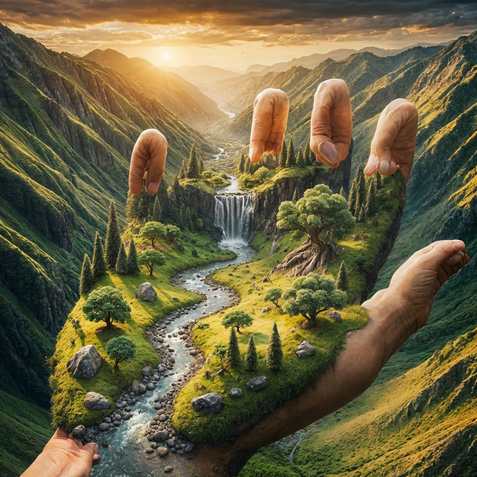 Giant Hand Emerges from Valley at Sunset