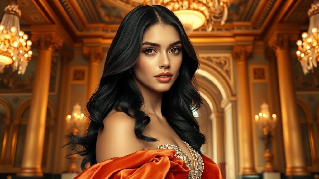 Glamorous Woman Poses in Opulent Baroque Hall