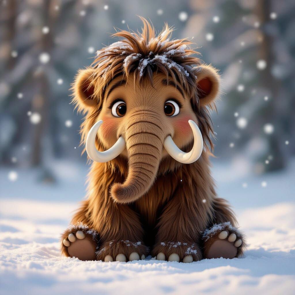 Adorable Baby Woolly Mammoth in Snowy Wonderland