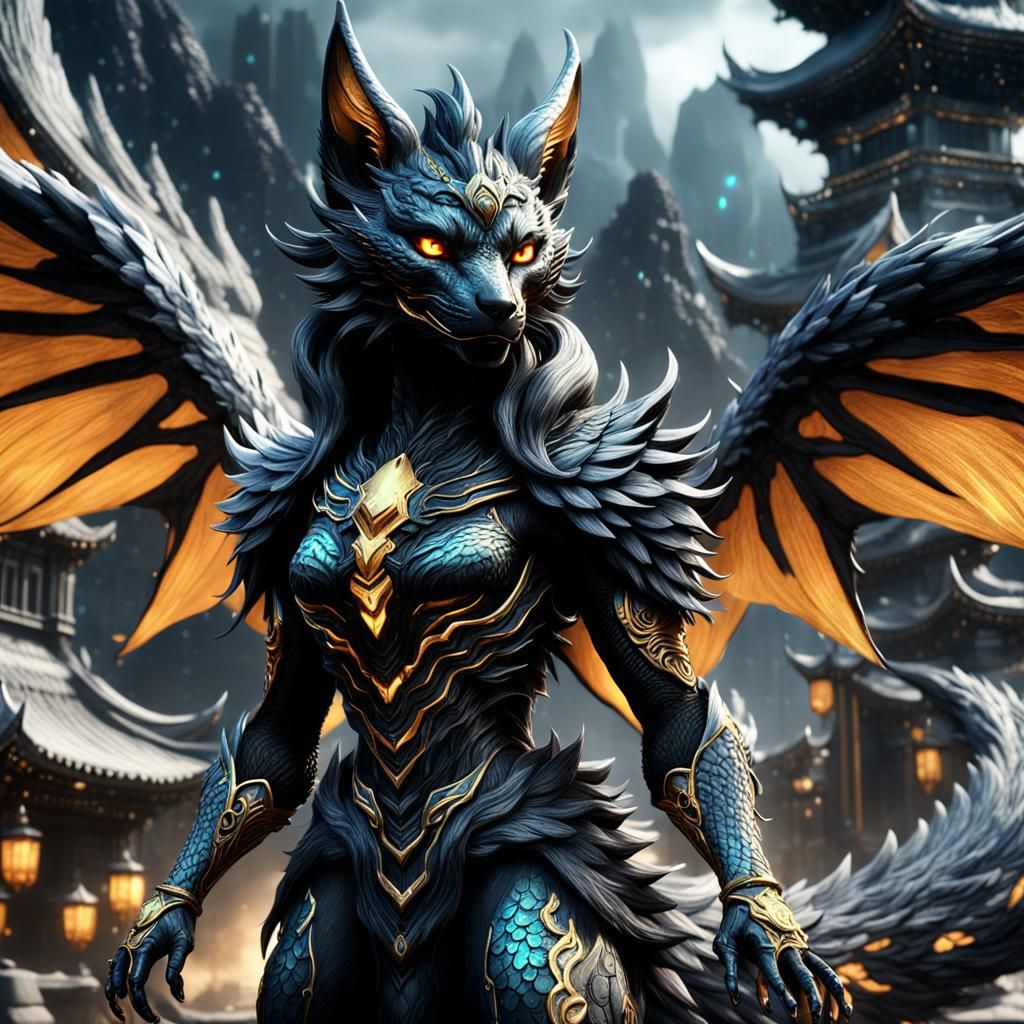 Angelic Black Kitsune Kaiju: Detailed Matte Painting