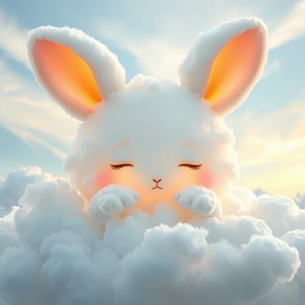 Cloud-bunny, softest fluffy adorable whimsical chibi bunny crafted by soft clouds, the cloud-bunny is sleeping peacefull...