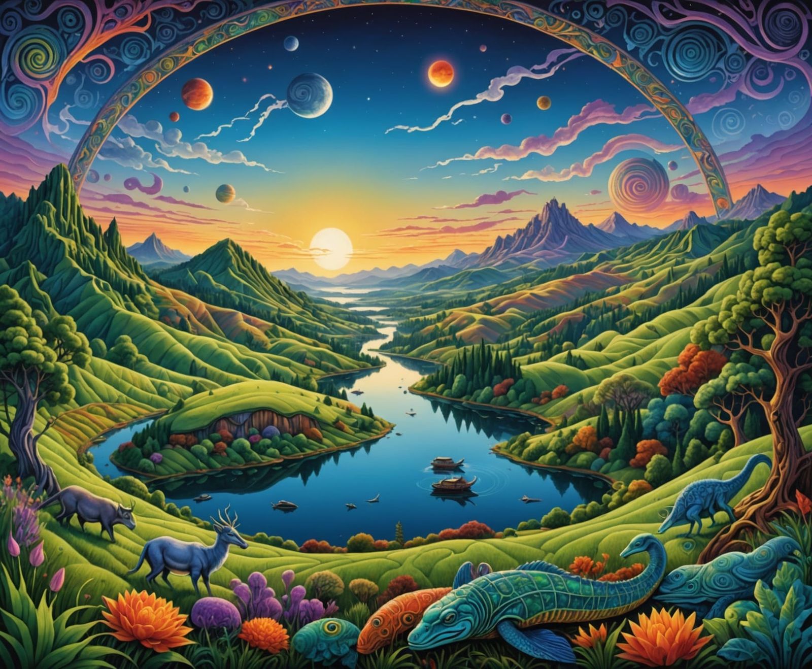 Psychedelic Wildlife Vista with Serene Lake and Hills