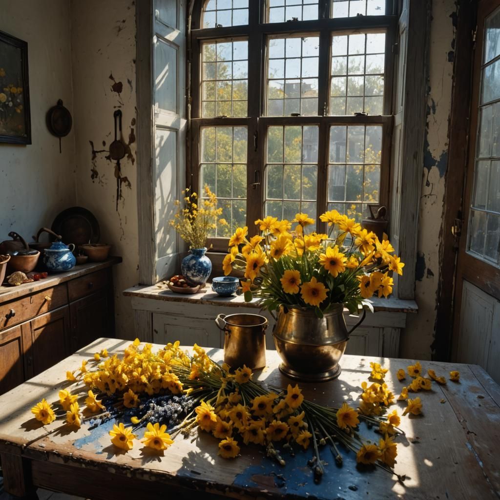 Golden Flowers in Delft Blue Bucket