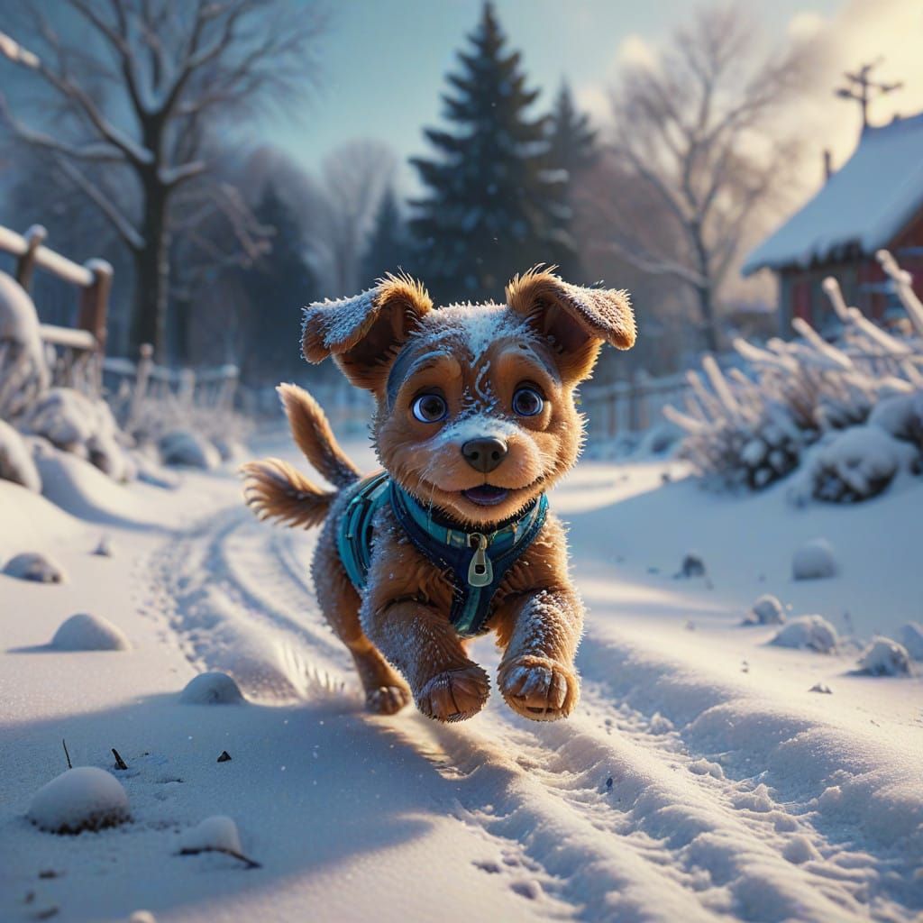 Vibrant Winter Wonderland with a Happy Boy and His Psychedel...