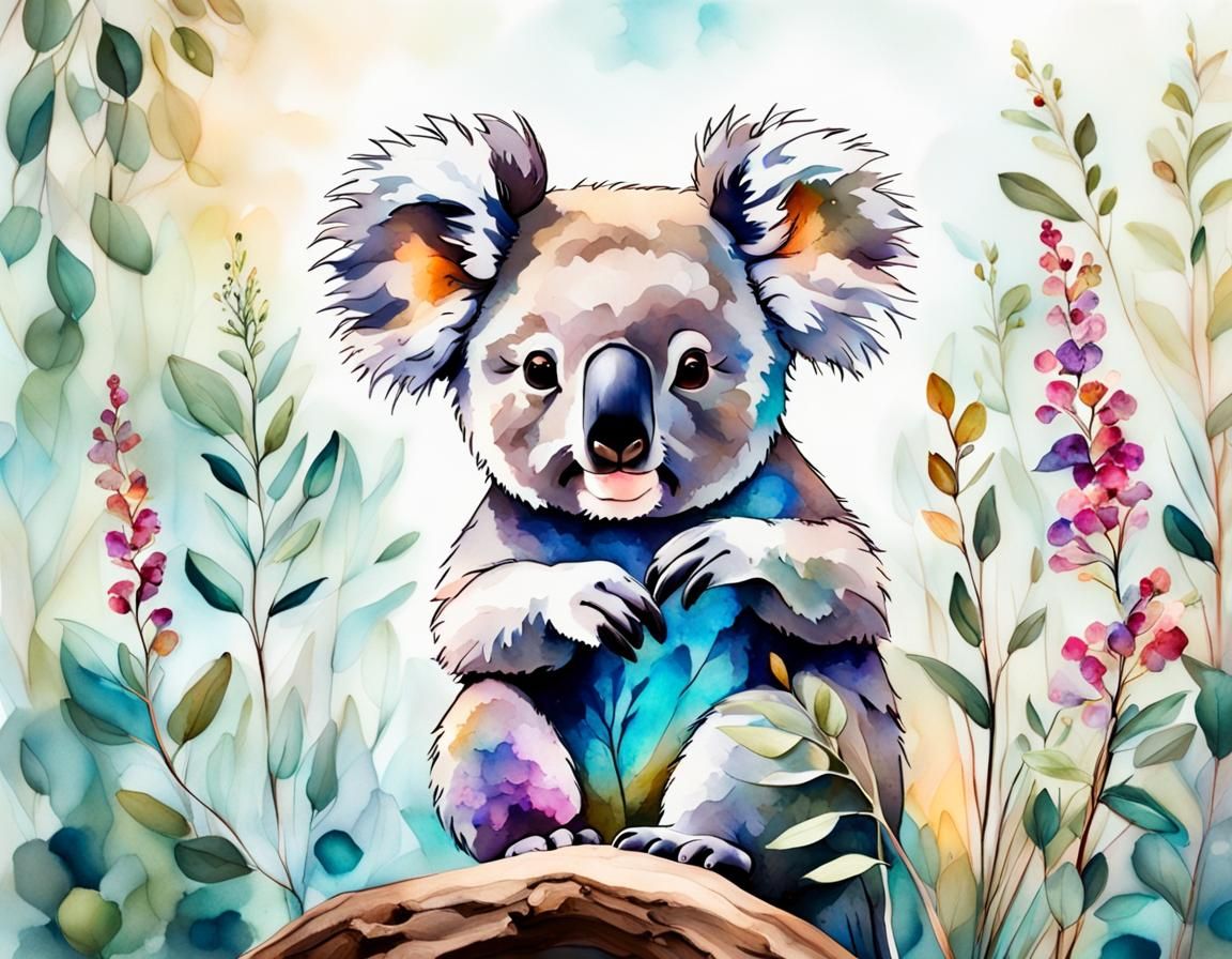 Detailed Koala in Eucalyptus Forest, Alcohol Ink Style