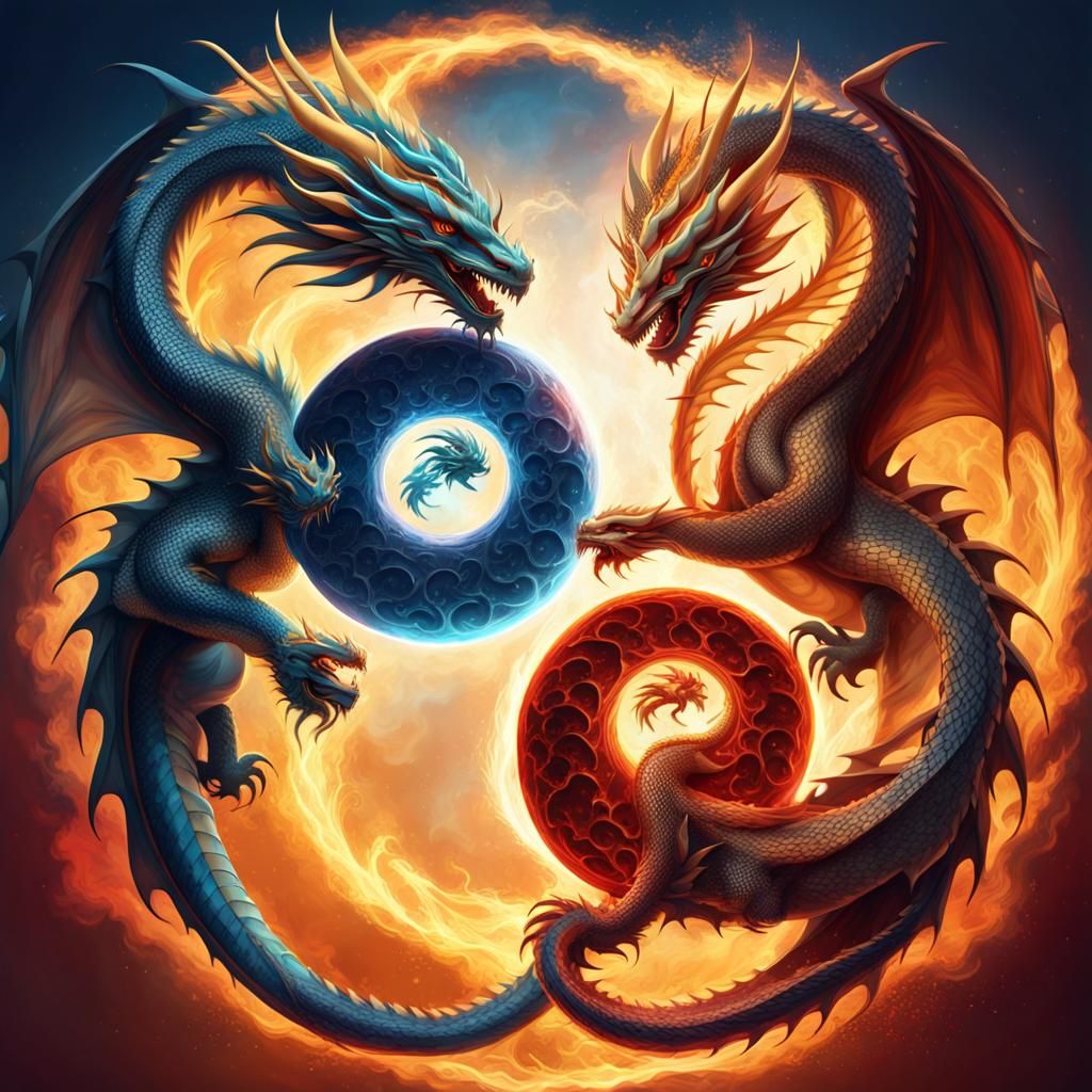 Vibrant Yin Yang Dragons Engage in an Epic Battle in Cyberpu...