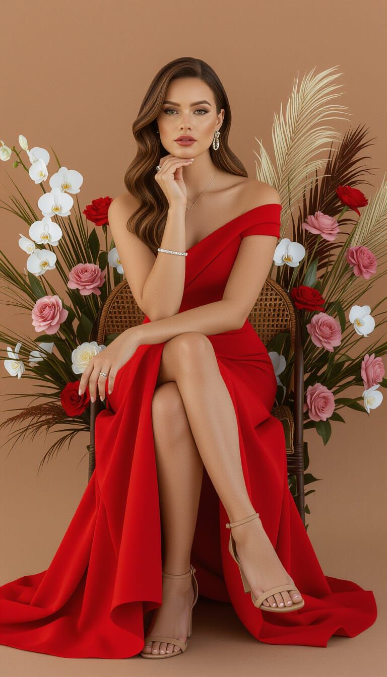 Elegant Woman in Red Gown Studio Portrait