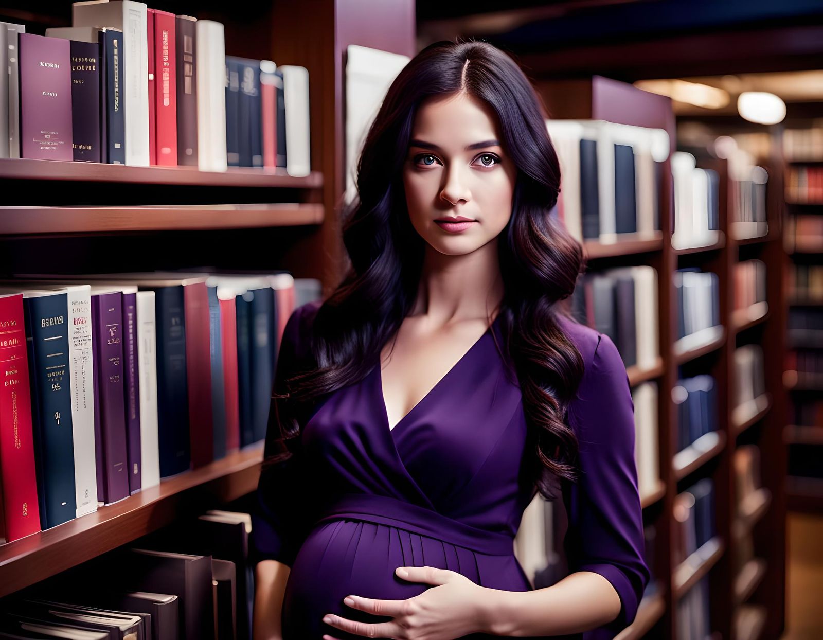 Pregnant Woman in Bookstore: Photorealistic Portrait