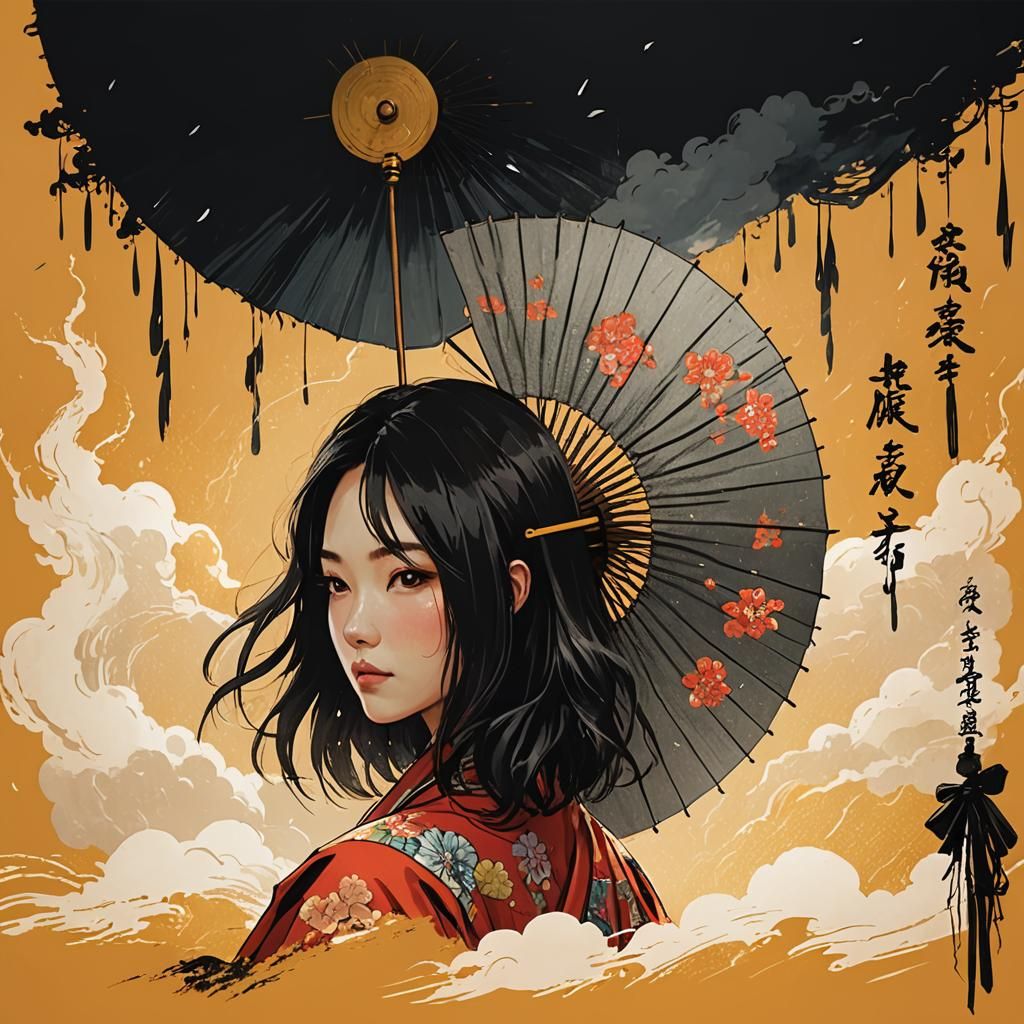 Woman with Fan Umbrella in Thunderstorm