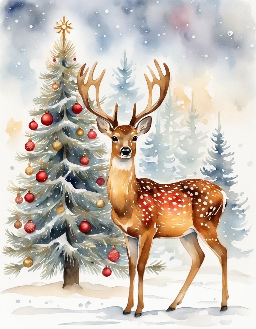 Watercolor Christmas Card: Fawn Deer and Snowy Tree