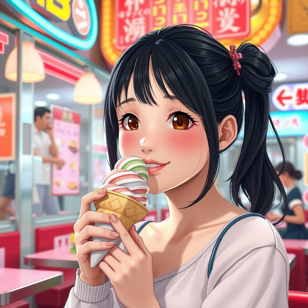 Chubby Woman with Ice Cream: Anime-Inspired 3D Art