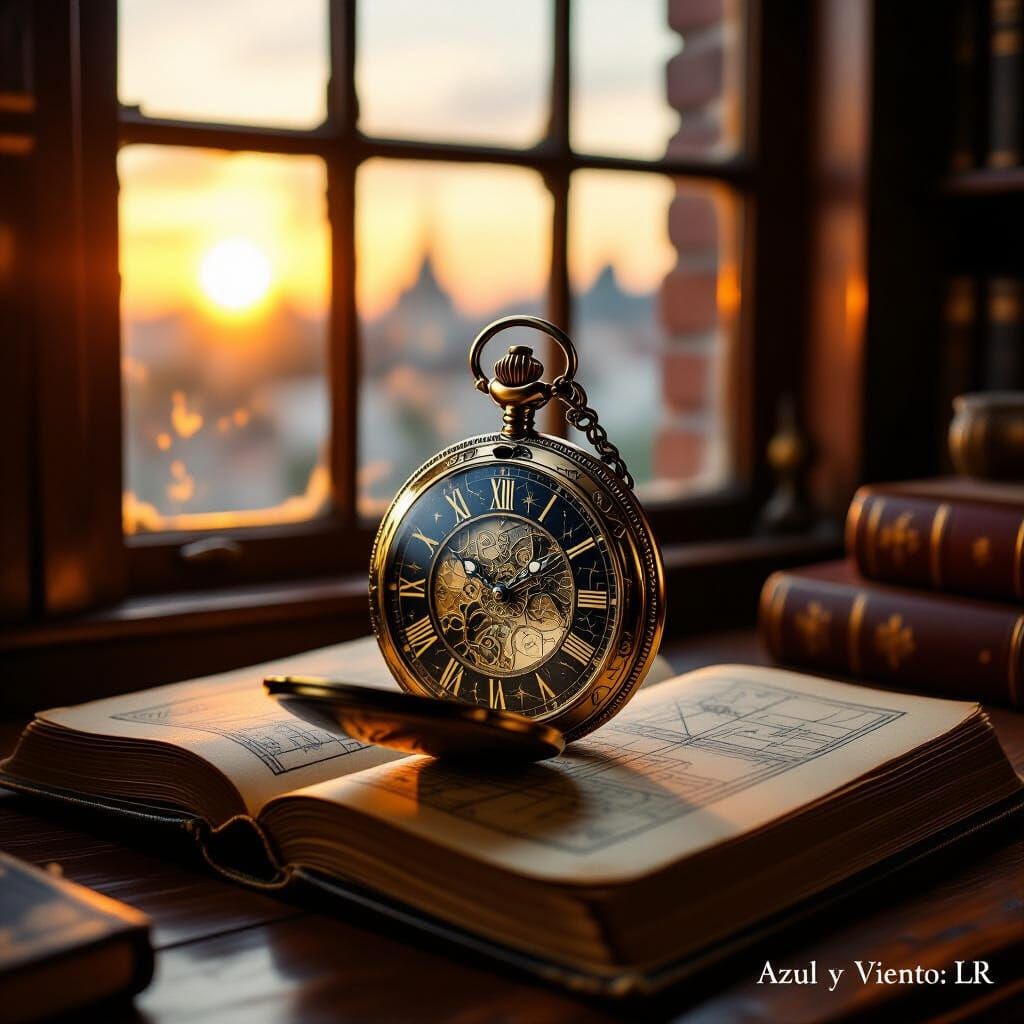 Celestial Engraved Watch on Old Maps Book at Dusk