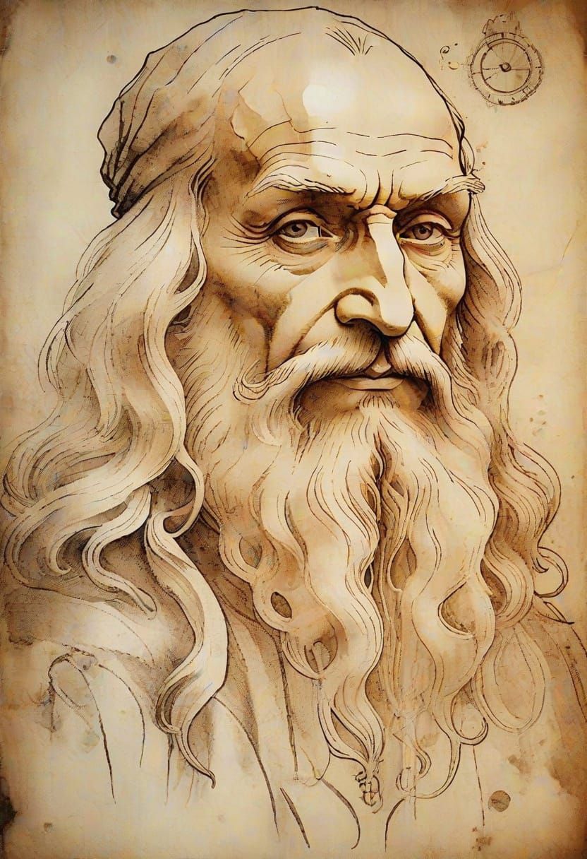 Steampunk Portrait of Leonardo da Vinci in Ink Style
