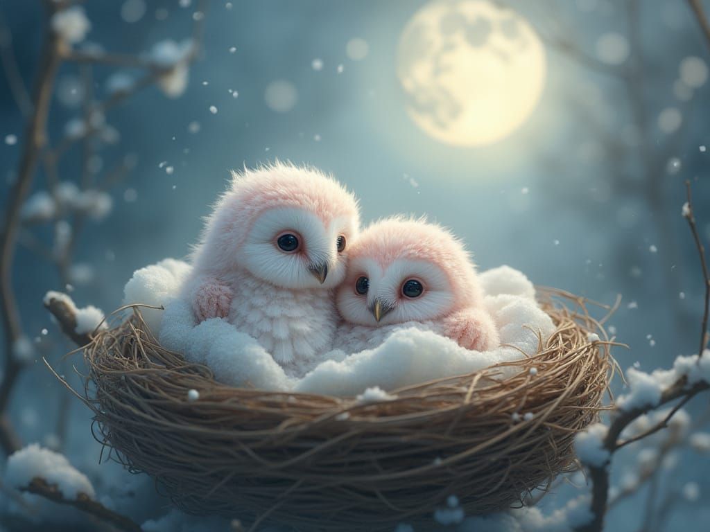 Whimsical Moonlit Owlets in Delicate Nest Scene