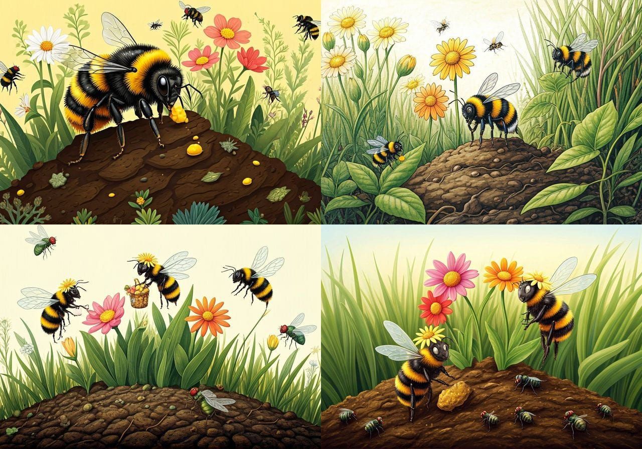 Bumblebees and Flowers in Whimsical Illustration