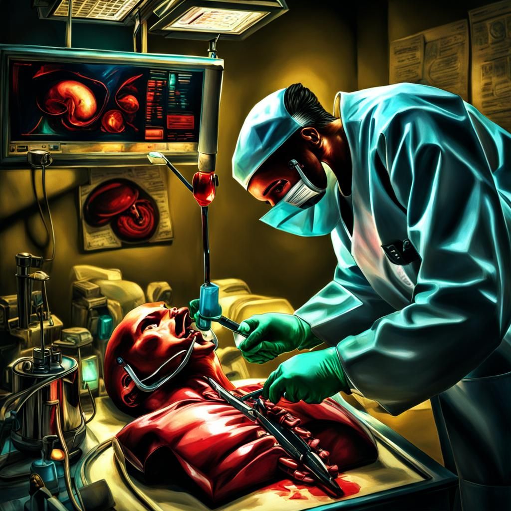 Surgeon Harvesting Organs in Hopepunk Expressionism