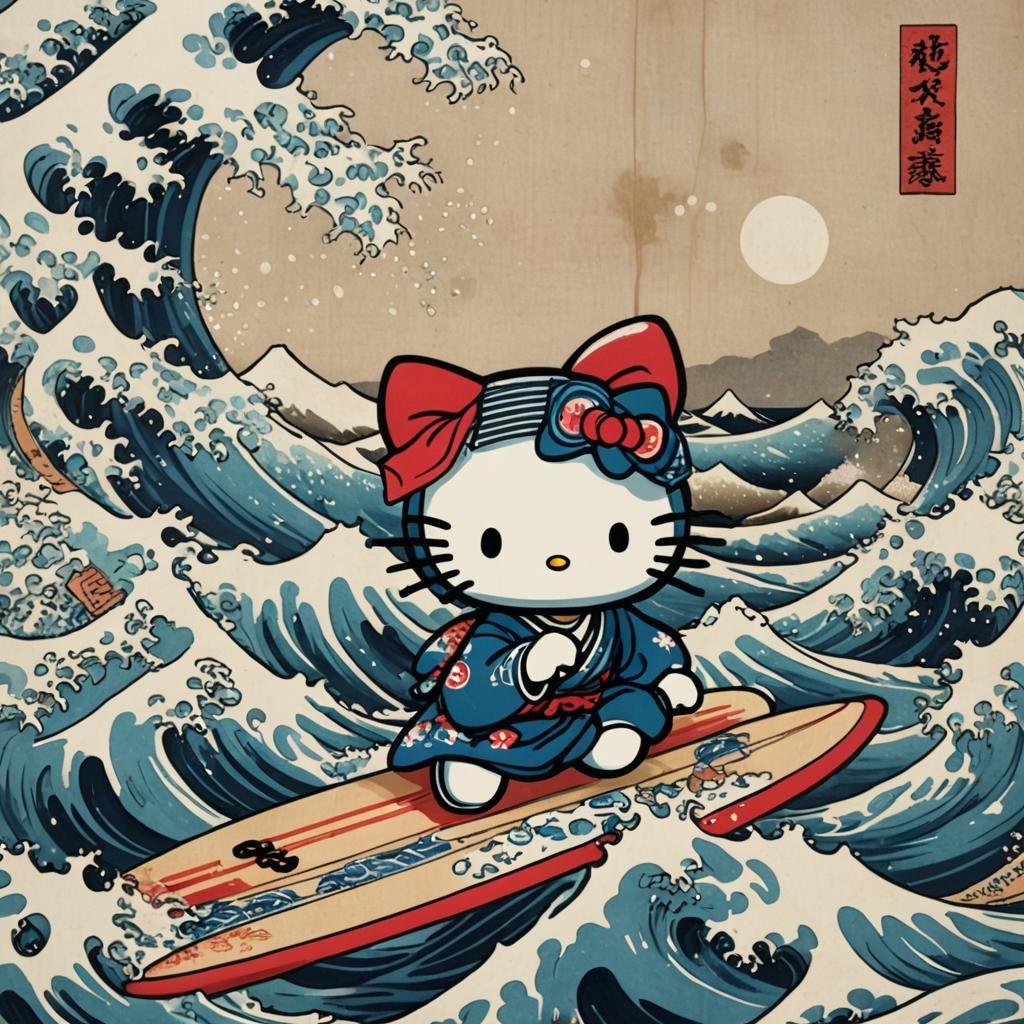 Hello Kitty Surfing Great Wave: Ukiyo-e Style