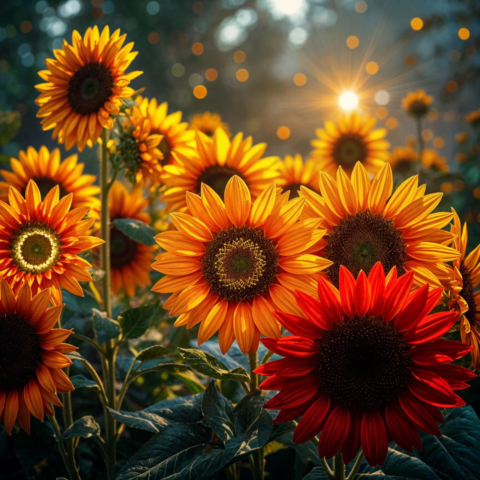 Vibrant Electric Sunflowers in a Futuristic Garden