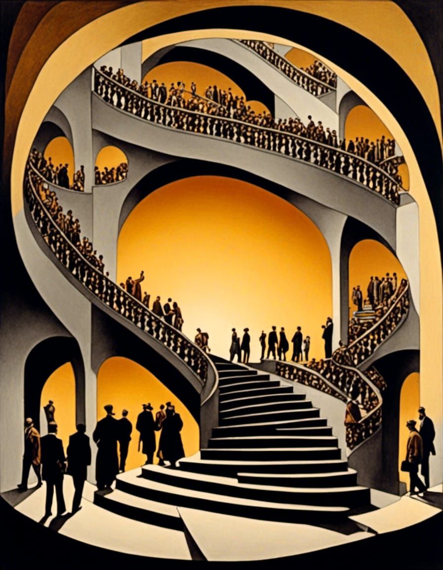 Golden Crowd on Escher's Staircase to Heaven