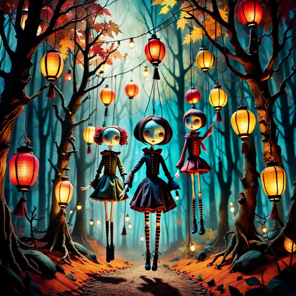 Creepy Marionettes in Autumn Forest: Pop Surrealism