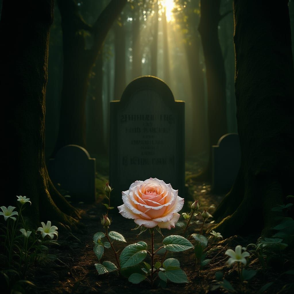 Single Rose Blooms in a Somber Graveyard