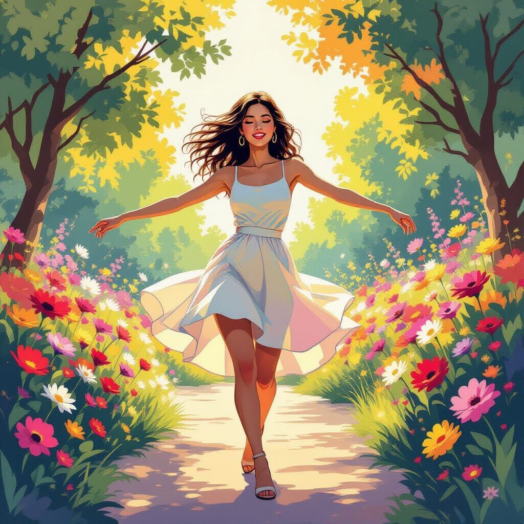 Woman Dancing in Floral Landscape, Pop Art Style