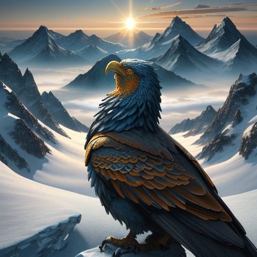 Griffin Perched Atop Snowy Peak: Digital Matte Painting