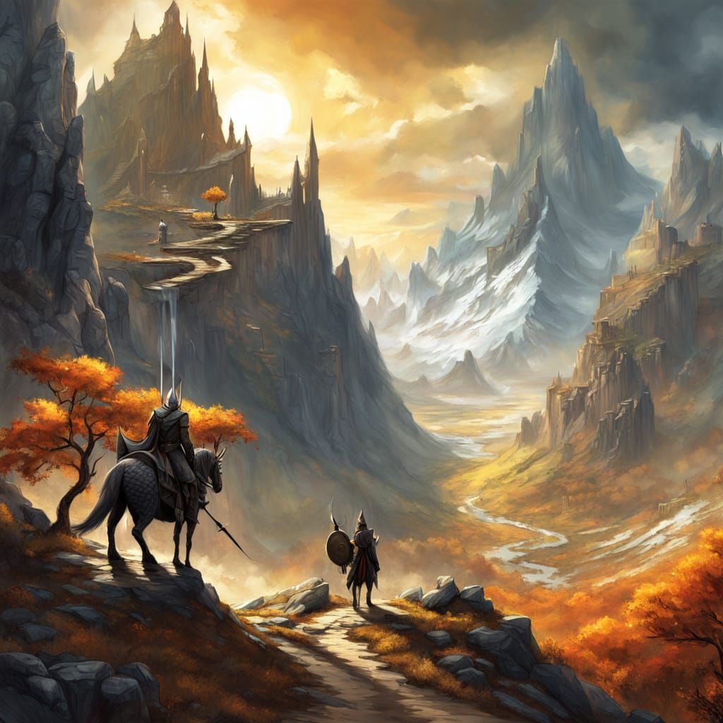 Fantasy Dragon Knight and Elves in Mountain Pass