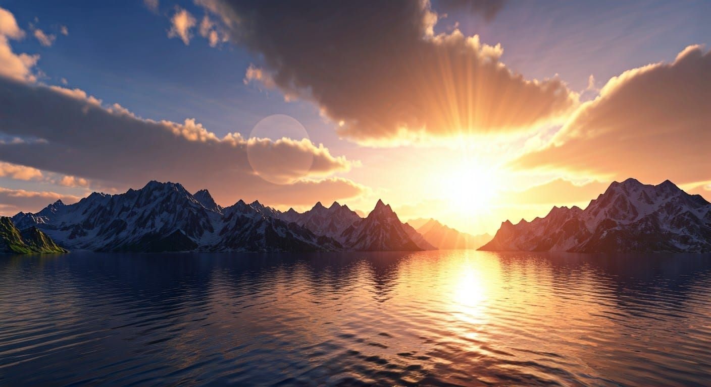 Mountain Lake Sunset in Hyperrealistic 3D Rendering
