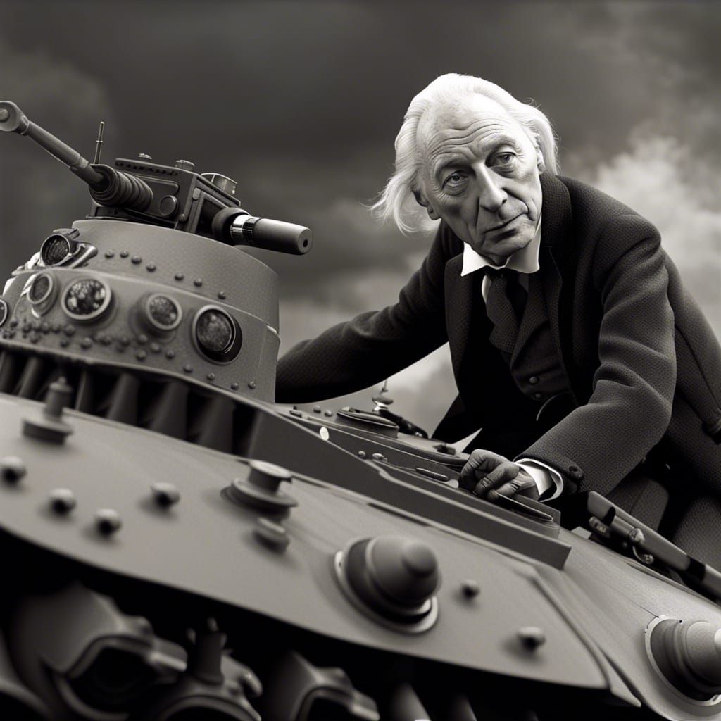 Doctor Who on Panzer Tank: Black and White Photo