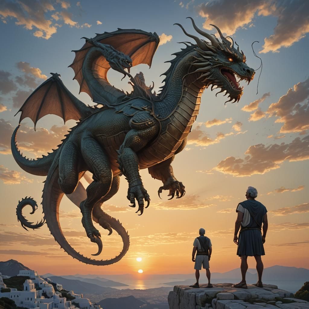 Giant Man Watches Sunrise with Greek Dragon