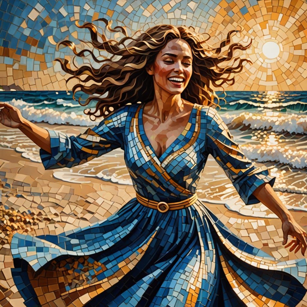 Mosaic Woman Dancing on Beach in Golden Light