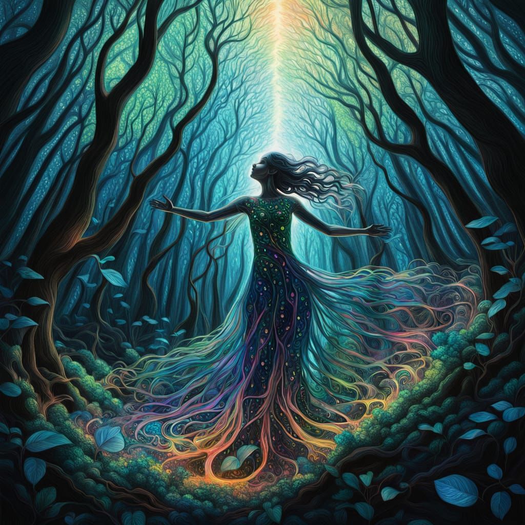 Iridescent Goddess Emerges from Whimsical Forest