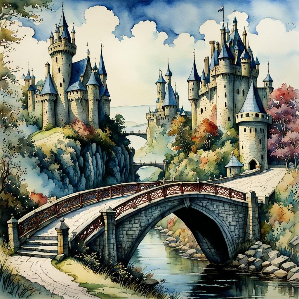 Fairytale Castle Crossroads in Watercolor Style