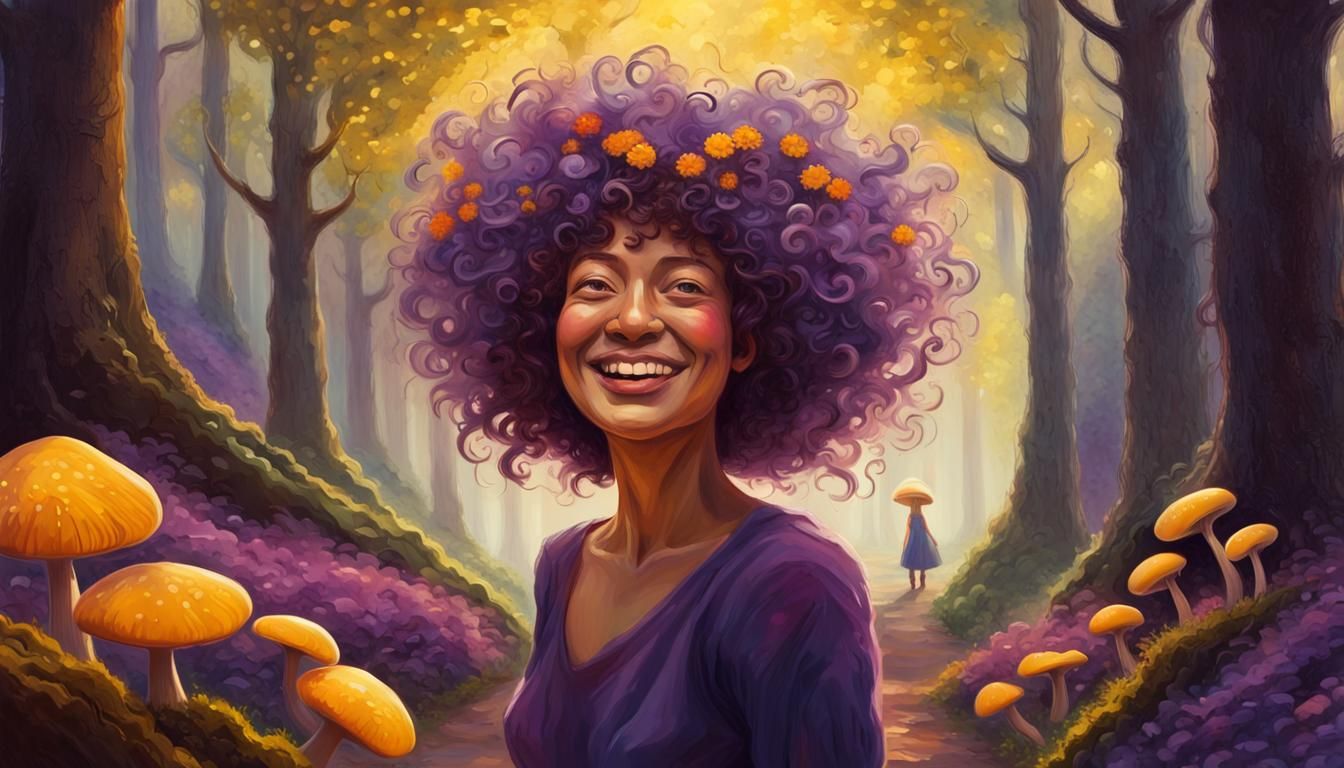 Mushroom Woman in Luminous Forest, in Expressionist Style