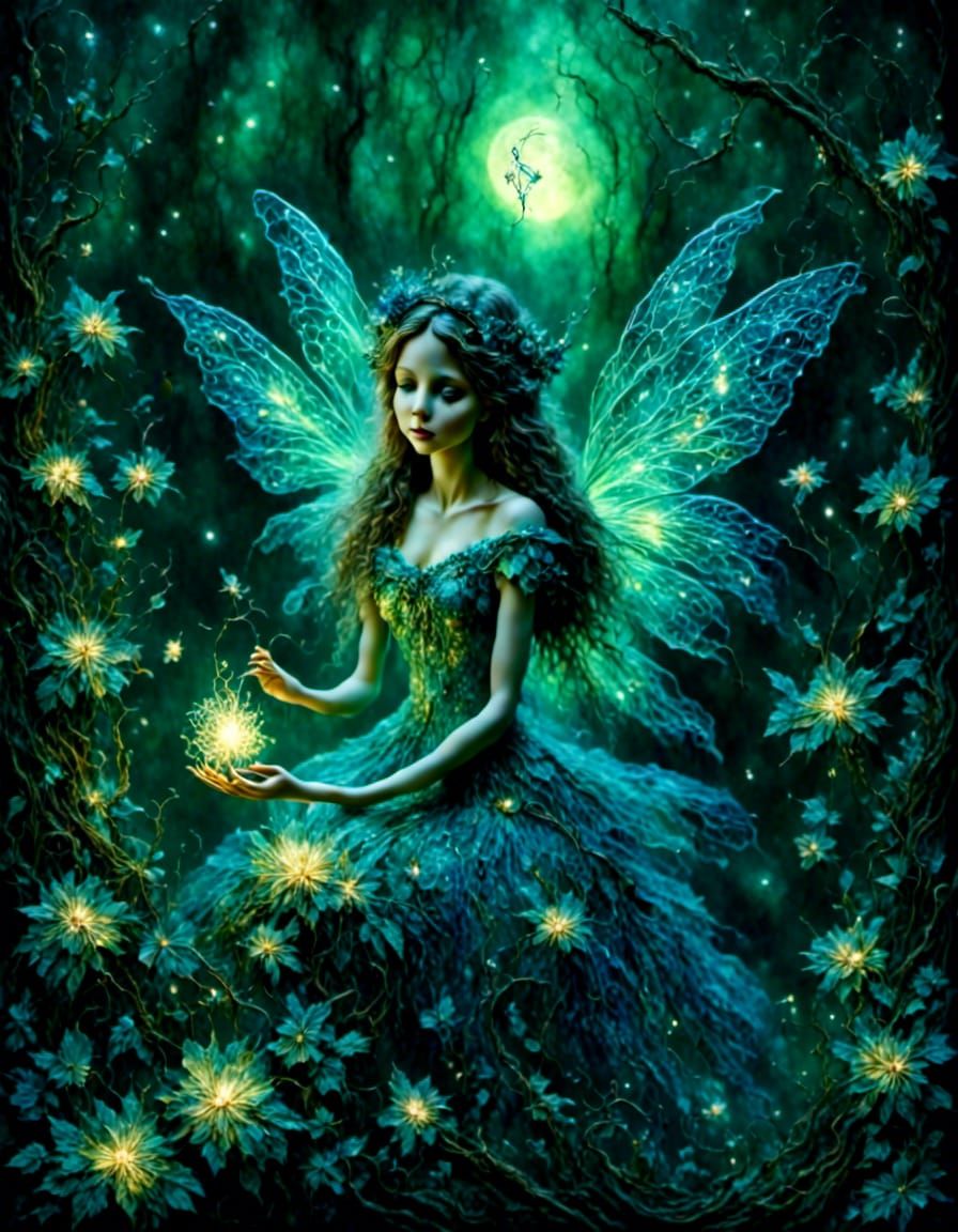 Fairy in Magical Garden with Impasto Moonlight